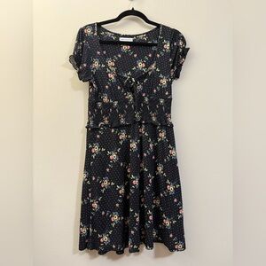 Urban Outfitters Floral Polka Dot‎ Mini Dress with Smocked Waist in black  - S